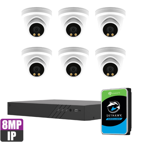 PK-8386CV-2T (Hikvision OEM 4K 8ch NVR + 6 x 8MP ColorView Audio Turret Camera - White + 2TB HDD)